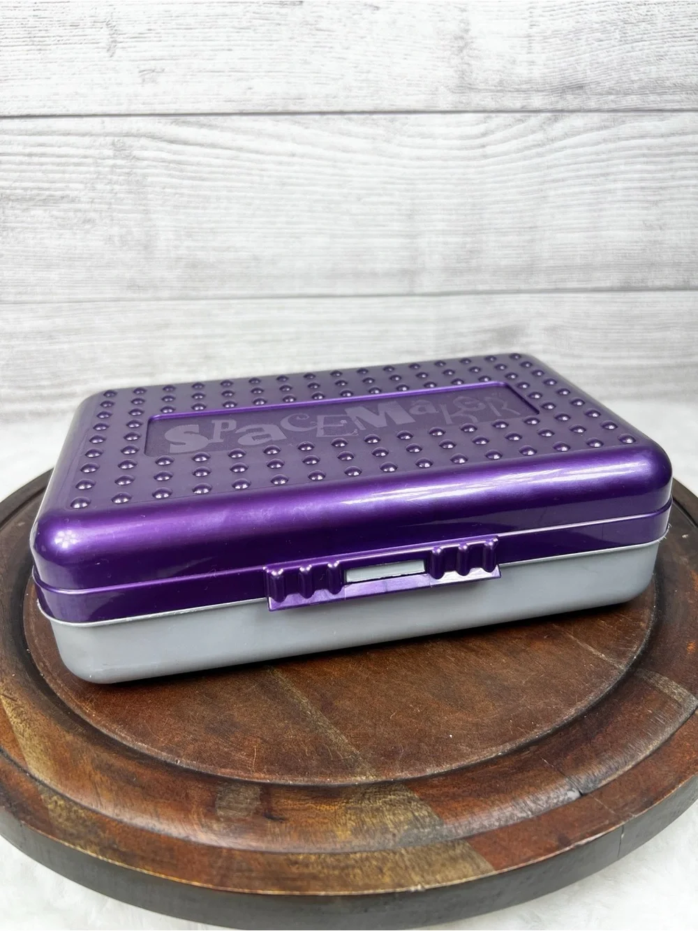 Vintage Spacemaker Plastic Pencil Pen Storage Box Purple Silver 90s FLAW